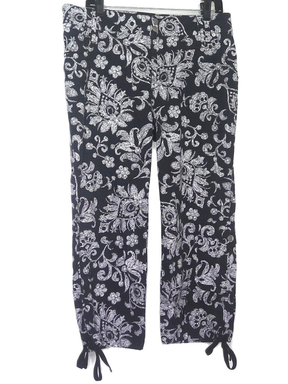 Coldwater Creek Harem Cargo Pants Crop Ankle Tie Black & White Batik Paisley 12